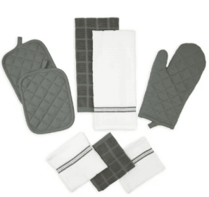 Mainstays Kitchen Towel, Dishcloth, Oven Mitt, and Pot Holder 8 Pack Set, Gray, 100% Cotton