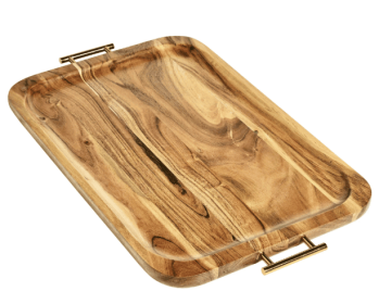 Better Homes & Gardens- Acacia Wood Rectangle Tray with Gold Color Handles, One Size