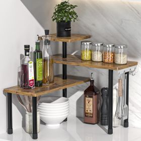 3 Tier Moveable Corner Shelf Organizer for Kitchen, Bathroom, Spice Rack, Coffee Area, Over Sink, Dresser Table (Rustic Brown)