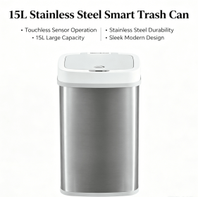 15L Brushed Stainless Steel Automatic Sensor Trash Can, Touchless Motion Activated Garbage Bin with White Sealed Lid