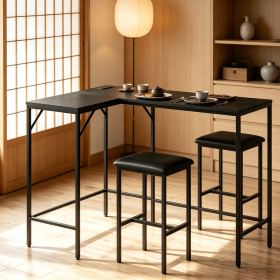 3-Piece L-Shaped Kitchen Table Set with Chair Convertible Desk with 2 AC Outlets USB Port Type-C Port for Home Office