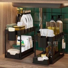 Under Sink Organizers and Storage 2 Pack Adjustable Height 2 Tier Bathroom Organizer Under Sink with Sliding Drawers 2 Cups 4 Hooks Highly Capacious U