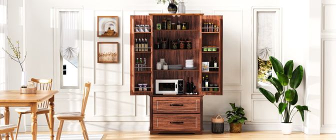 K&K 71" Farmhouse Kitchen Pantry Cabinet with 2 Large Drawers