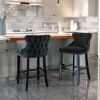 A&A Furniture,Contemporary Velvet Upholstered Wing-Back Barstools with Button Tufted Decoration and Wooden Legs, and Chrome Nailhead Trim