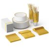 50 sets of flat plastic circular gold disposable tableware with size plates, cups, knives, forks, tissues, straws included