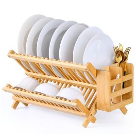 Foldable Two Tier Bamboo Dish Drying Rack - Foldable Space Saving Drainer with Utensil Holder High Quality Kitchen Countertop Organizer for Small Spac
