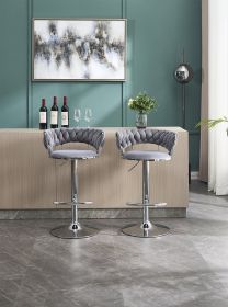 Set of 2 Bar Stools,with Chrome Footrest and Base Swivel Height Adjustable Mechanical Lifting Velvet + Chrome Leg Simple Bar Stool-GREY