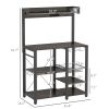 HOMCOM Industrial Gray Kitchen Baker's Rack with Charging Station, RGB Lighting, Glass Holders & Open Storage