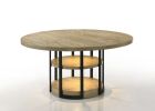 Eden 59" Round Rustic Oak Dining Table with LED Light, Black Metal Frame, Shelves
