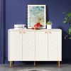Hexagon Honeycomb Pattern Sideboard Cabinet with 4 Doors, Credenza Storage Cabinet, Modern Kitchen Buffet with Gold Metal Legs for Living Room