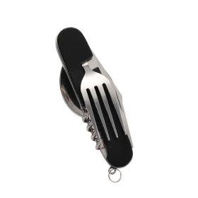 Stainless Steel 6-in-1 Multi-Tool Cutlery Set, Folding Pocket Knife with Fork, Spoon, Can Opener, Corkscrew, and Bottle Opener (Color: Black)