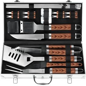 22PCS Heavy Duty BBQ Grill Accessories Set, Non-Slip Grill Tools for Outdoor Grill Set Stainless Steel Grill Utensils Set (Color: Brown)