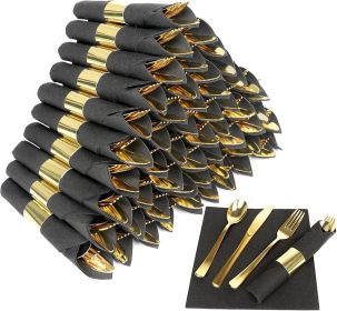 50 Pack Pre Rolled Rose Gold Plastic Silverware Set,Wrapped Plastic Cutlery Set with Napkin Include 50 Forks,50 Spoons (Model: 75 pack black+gold)