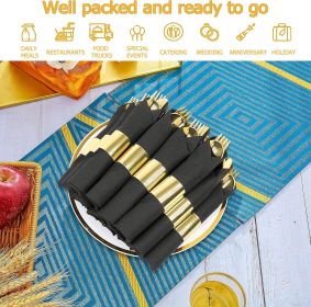 50 Pack Pre Rolled Rose Gold Plastic Silverware Set,Wrapped Plastic Cutlery Set with Napkin Include 50 Forks,50 Spoons (Model: 100 pack black+gold)