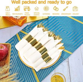 50 Pack Pre Rolled Rose Gold Plastic Silverware Set,Wrapped Plastic Cutlery Set with Napkin Include 50 Forks,50 Spoons (Model: 50 pack white+gold)