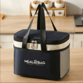 S-sized insulated storage bag, thick aluminum foil waterproof lunch cooler tote bag with reinforced handle (Color: Navy Blue)