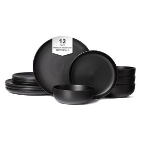 12-Piece Stoneware Dinner Plates Bowls Sets | Microwave & Dishwasher Safe | FDA Certified Non-Toxic Dinner Plates Bowls Set | Stackable Matte Glaze Ki (Main Material: Stone, Main Color: Black)