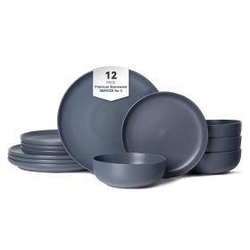 12-Piece Stoneware Dinner Plates Bowls Sets | Microwave & Dishwasher Safe | FDA Certified Non-Toxic Dinner Plates Bowls Set | Stackable Matte Glaze Ki (Main Material: Stone, Main Color: Blue)