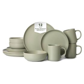 12-Piece Stoneware Dinnerware Sets with Mugs | Microwave & Dishwasher Safe | FDA Certified Non-Toxic Dinner Plates Bowls Set | Stackable Matte Glaze K (Main Material: Stone, Main Color: Green)