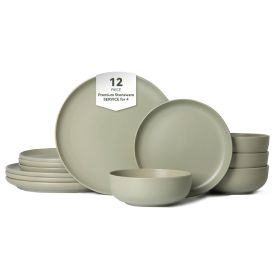 12-Piece Stoneware Dinner Plates Bowls Sets | Microwave & Dishwasher Safe | FDA Certified Non-Toxic Dinner Plates Bowls Set | Stackable Matte Glaze Ki (Main Material: Stone, Main Color: Green)