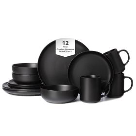 12-Piece Stoneware Dinnerware Sets with Mugs | Microwave & Dishwasher Safe | FDA Certified Non-Toxic Dinner Plates Bowls Set | Stackable Matte Glaze K (Main Material: Stone, Main Color: Black)