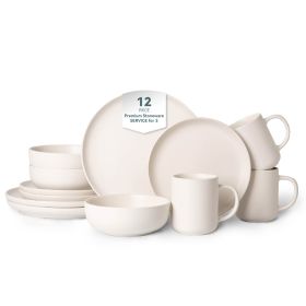 12-Piece Stoneware Dinnerware Sets with Mugs | Microwave & Dishwasher Safe | FDA Certified Non-Toxic Dinner Plates Bowls Set | Stackable Matte Glaze K (Main Material: Stone, Main Color: White)