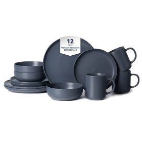 12-Piece Stoneware Dinnerware Sets with Mugs | Microwave & Dishwasher Safe | FDA Certified Non-Toxic Dinner Plates Bowls Set | Stackable Matte Glaze K (Main Material: Stone, Main Color: Blue)