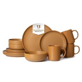 12-Piece Stoneware Dinnerware Sets with Mugs | Microwave & Dishwasher Safe | FDA Certified Non-Toxic Dinner Plates Bowls Set | Stackable Matte Glaze K (Main Material: Stone, Main Color: Orange)