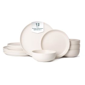 12-Piece Stoneware Dinner Plates Bowls Sets | Microwave & Dishwasher Safe | FDA Certified Non-Toxic Dinner Plates Bowls Set | Stackable Matte Glaze Ki (Main Material: Stone, Main Color: White)
