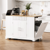 Fluted Kitchen Island with Trash Can Storage Cabinet, Power Outlet, Internal Storage Rack, Rolling Kitchen Islands on 5 Wheels with 3 Drawer