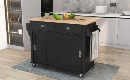 Kitchen Cart with Rubber wood Drop-Leaf Countertop, Concealed sliding barn door adjustable height (Color: as Pic)