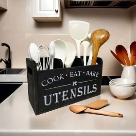 Rural style wooden kitchen utensil storage rack, 1 3-compartment storage box, countertop and wall mounted organizer, made of wood (Color: Black)