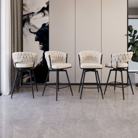 26" Bar Chair Suede Woven Bar Stool Set of 4,Black legs Barstools No Adjustable Kitchen Island Chairs (Color: White)