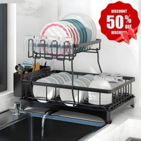 Dish Racks for Kitchen Counter, Stainless Steel Kitchen Dish Drying Rack with Drainboard, Detachable Dish Drainers with Utensil Holders (Main Material: Metal, Main Color: Black)