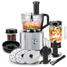 Küchenmaschine, 1100W Food Processor, 3.2L Schüssel &1,5L Behälter, Multifunktional mit Hacken, Schneiden, Kneten, Entsaften (farbig: Silber)