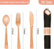 50 Pack Pre Rolled Rose Gold Plastic Silverware Set,Wrapped Plastic Cutlery Set with Napkin Include 50 Forks,50 Spoons
