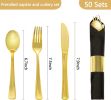 50 Pack Pre Rolled Rose Gold Plastic Silverware Set,Wrapped Plastic Cutlery Set with Napkin Include 50 Forks,50 Spoons