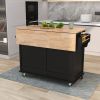 Kitchen Cart with Rubber wood Drop-Leaf Countertop, Concealed sliding barn door adjustable height